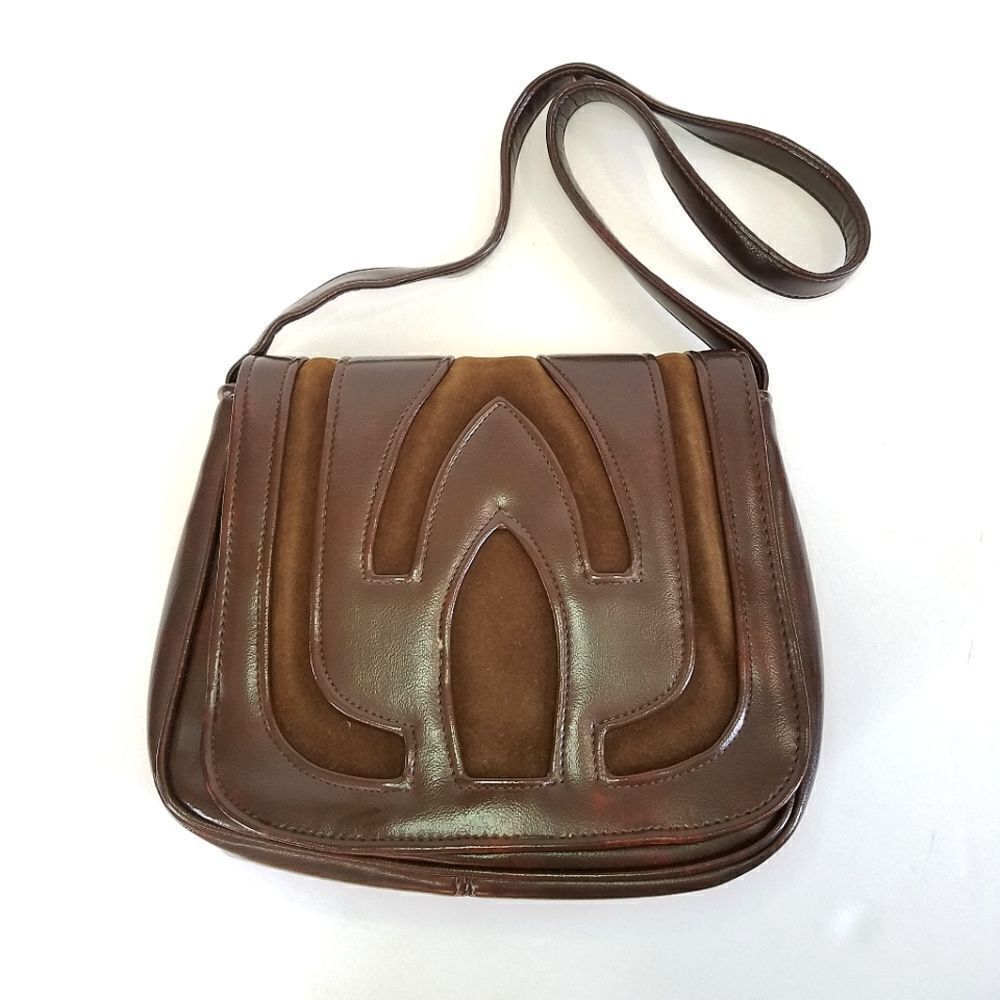 Vintage 70's Brown Vinyl Art Deco Flap Patterned Faux Suede Handbag Shoulder Bag
